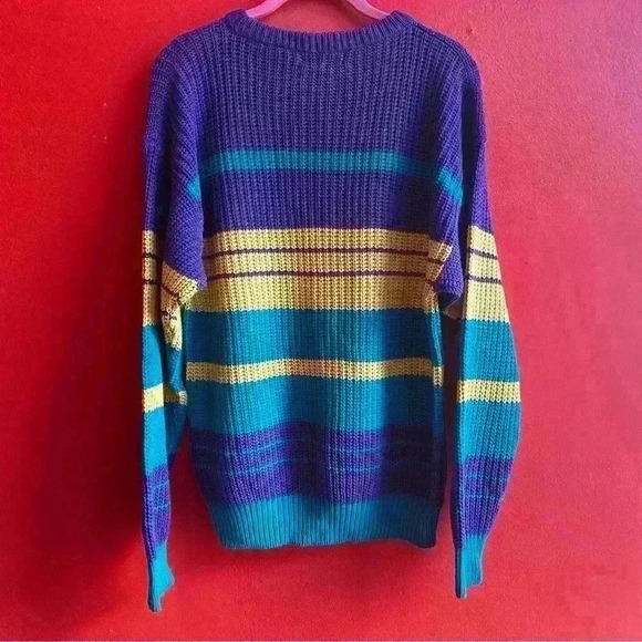 Vintage 90's thick knit pullover bright stripe sweater size Medium - Picture 5 of 7